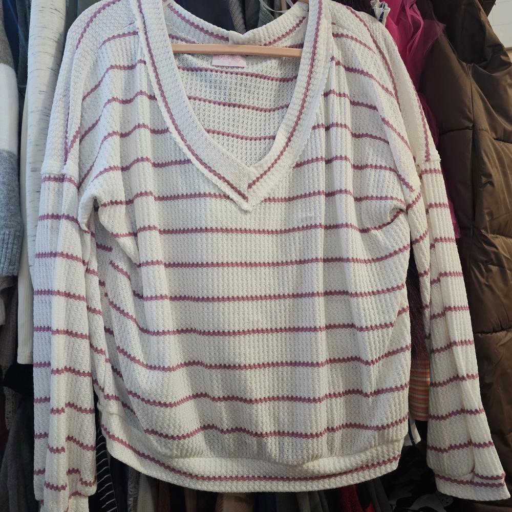 Pink Lily White V-Neck Waffle Knit Top with Pink Stripes